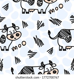 Vector smiling standing cow pattern on a spot background. Seamless cute design in sketch doodle or marker style, black outline. For textile prints, wrapping paper, milk packages etc.