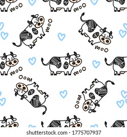 Vector smiling standing cow pattern with Moo lettering and hearts symbols. Seamless cute design in sketch doodle or marker style, black outline. For textile prints, wrapping paper, packages etc.