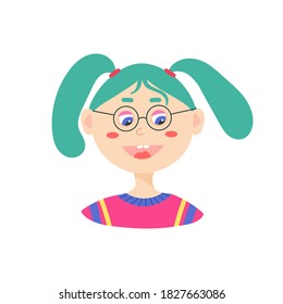 Vector Smiling Teenager with Ponytails,Round Head, Green Hair. Colorful illustration of Happy  Positive Girl in Flat style. Isolated on white background.Young  Woman Comic Portrait.Caucasian People.