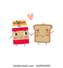 Vector smiling toast and jar of jam with cute faces. Funny vector characters. Vector illustration. Design for cards, posters, t-shirts and printing materials.