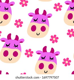 Vector smiling violet cow pattern in flat cartoon style with flowers on a white background. Seamless cute design in for textile prints, wrapping paper, milk packages etc.