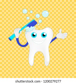Vector Smiling and Washing Tooth Illustration on Bright Background, Paper Art Style.