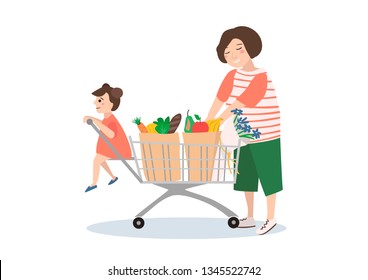 Vector smiling woman with a child shopping in the store. The mother puts the food in paper bags in the food basket, and her little daughter is waiting, sitting on the child seat in the cart.
