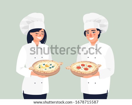 Vector smiling woman cook shef  and man cook shef stands with khachapuri.