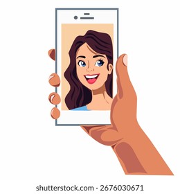 Vector of smiling woman face on smartphone screen, symbol of online profile and UGC content