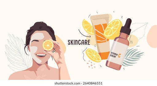 Vector of a smiling woman with a facial mask and lemon slice, next to skincare tube and vitamin C serum surrounded by citrus fruits. Ideal for beauty, skin health, and natural cosmetic themes	
