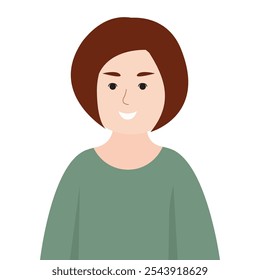 Vector of a smiling woman with short brown hair and a green shirt.