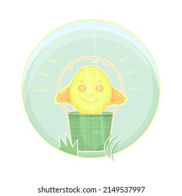 Vector smiling yellow chic sitting in basket. Funny quirky nestling in pannier. Vector Easter holiday card imaging a lighting chicken in basket standing on grass. 