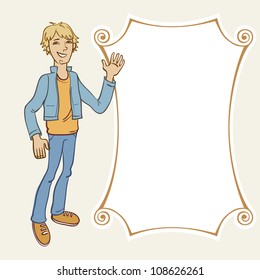 Vector smiling young man and banner. Abstract illustration in cartoon style with modern personage and frame in form of a scroll of paper. Background  with text box
