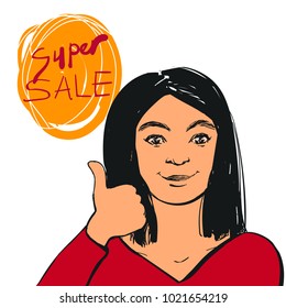 Vector smiling young woman making thumbs up sign and Super Sale text. Hand drawn illustration.