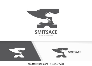 Vector smith and hands logo combination. Blacksmith and hug symbol or icon. Unique metal and embrace logotype design template.