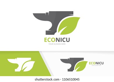 Vector smith and leaf logo combination. Blacksmith and eco symbol or icon. Unique metal and organic logotype design template.