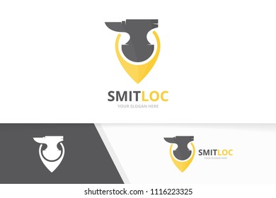 Vector smith and map pointer logo combination. Blacksmith and gps locator symbol or icon. Unique metal and pin logotype design template.