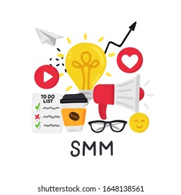 Vector smm elements. Social Media Marketing. Reach and promotion among target audience. Concept is for banner, advertising, mailing list, website, training presentation for marketers, posts, poster