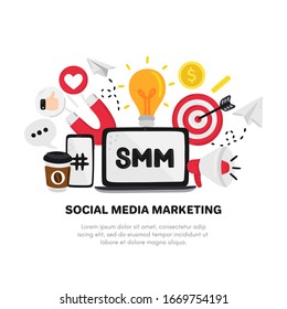 Vector smm elements. Social Media Marketing. Reach and promotion among target audience. Concept is for banner, advertising, mailing list, website, training presentation for marketers, posts, poster