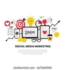 Vector smm elements. Social Media Marketing. Reach and promotion among target audience. Concept is for banner, advertising, mailing list, website, training presentation for marketers, posts, poster