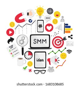 Vector smm elements. Social Media Marketing. Reach and promotion among target audience. Concept is for banner, advertising, mailing list, website, training presentation for marketers, posts, poster