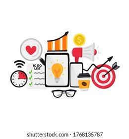 Vector smm elements. Social Media Marketing. Reach and promotion among target audience. Concept is for banner, advertising, mailing list, website, training presentation for marketers, posts, poster