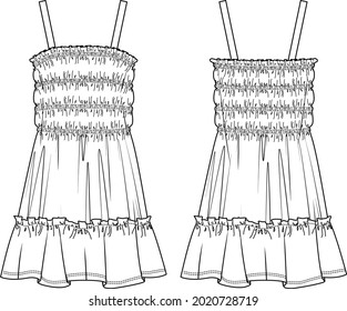 Vector smocked dress with shoulder straps fashion CAD, woman sleeveless mini dress technical drawing, template, sketch, template, flat. Jersey or woven fabric dress with front, back view, white color