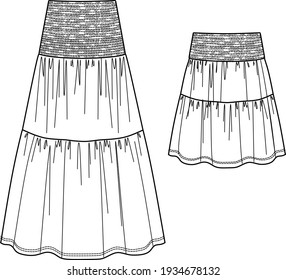 Vector smocked maxi skirt fashion CAD, woman flared skirt technical drawing, template, flat, sketch