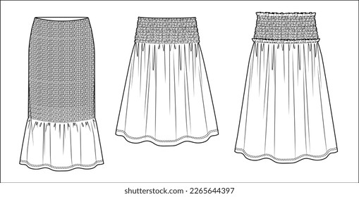 Vector smocked maxi skirt fashion CAD, woman flared skirt with gathering technical drawing, template, flat, sketch. 3 pieces set of jersey or woven fabric skirt with front, back view, white color