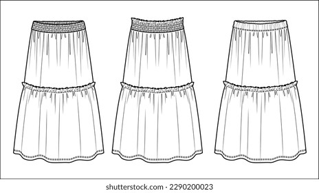 Vector smocked maxi skirt fashion CAD, woman flared skirt with gathering technical drawing, template, flat, sketch. 3 pieces set of jersey or woven fabric skirt with front, back view, white color