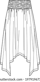 Vector smocked midi skirt fashion CAD, woman flared skirt with asymmetric hem technical drawing, template, flat, sketch. Jersey or woven fabric skirt with front, back view, white color