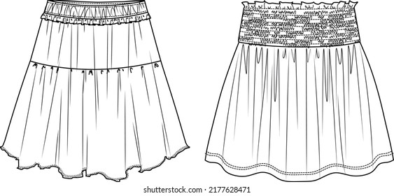 Vector smocked mini skirt fashion CAD, woman flared skirt with gathering technical drawing, template, flat, sketch. 2 pieces set of jersey or woven fabric skirt with front, back view, white color