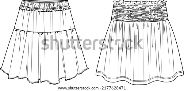Vector smocked mini skirt fashion CAD, woman flared\
skirt with gathering technical drawing, template, flat, sketch. 2\
pieces set of jersey or woven fabric skirt with front, back view,\
white color