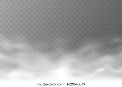 Vector smoke cloud isolated on transparent background. Realistic dense fog. Abstract steam effect for your design. White haze. Vector illustration.