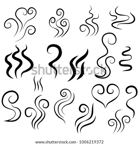 Vector smoke isolated on white background. Set of  silhouette black waves from coffee, tea, cigarettes, hot food.