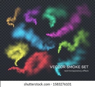Vector smoke. A set of different color realistic insulated transparent effects of smoke. The real effect of transparency