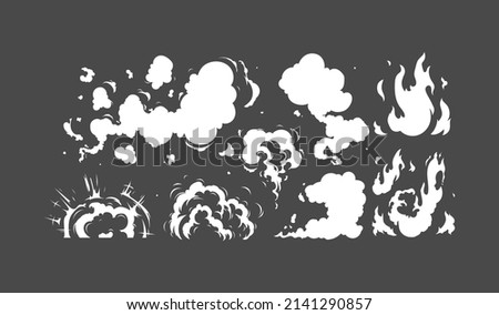 Vector smoke set effects template. Cartoon steam clouds, mist, puff, fog, watery vapor, or dust explosion 2D VFX illustration. Clip art element for game, print, advertising, menu, and web design. 