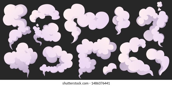 Vector smoke set special effects template. Cartoon steam clouds, puff, mist, fog, watery vapour or dust explosion 2D. Clipart element for game, print, advertising. Vector illustration eps 10.