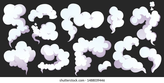 Vector smoke set special effects template. Cartoon steam clouds, puff, mist, fog, watery vapour or dust explosion 2D. Clipart element for game, print, advertising. Vector illustration eps 10.