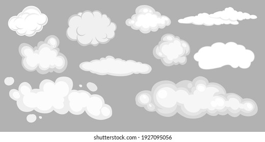 Vector smoke set special effects template. Cartoon steam clouds, puff, mist, fog, watery vapour or dust explosion 2D VFX illustration. PNG. Vector illustration