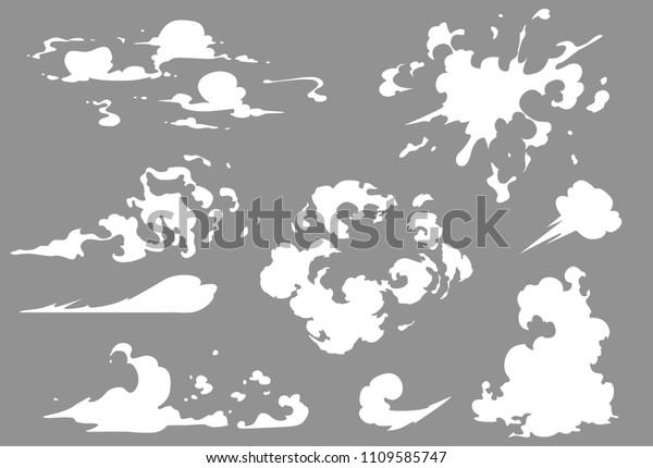 ベクター煙は特殊効果テンプレートを設定します 漫画の蒸気雲 パフ 霧 霧 水蒸気 または埃の爆発2d Vfxイラスト ゲーム プリント 広告 メニュー ウェブデザイン用のクリップアートエレメント のベクター画像素材 ロイヤリティフリー