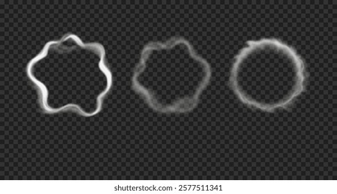 Vector smoke, vapor rings from hookah, cigarettes, vape. Set of round steam clouds isolated on transparent background