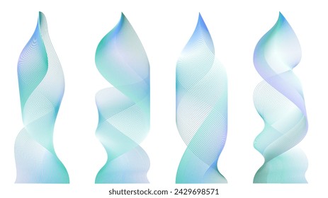 Vector smoke wavy steams on white. Abstract line air flow or transparent flame fire texture. Cigarette trail effect blue isolated fog cloud. Thin soft 3d vertical ribbon set