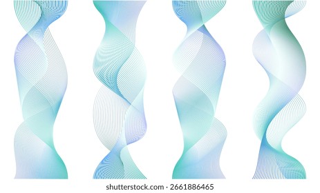 Vetor fumaça vapores ondulados sobre branco. Abstrato fluxo de ar da linha ou textura transparente do fogo da chama. Efeito de rastro de cigarro azul nuvem de neblina isolada. Conjunto de fitas finas e suaves verticais 3d