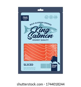 Vector smoked king salmon packaging design concept. Modern style seafood label. Smoked salmon slices in a package isolated on a white background