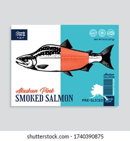 Vector smoked pink salmon package design concept. Modern style seafood label template. Salmon fish illustration