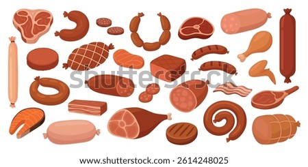 Vector Smoked and Raw Meat Products, Sausages, Steaks, Ham, Bacon, Salami, Chicken Legs Set. Flat Cartoon Icons For Butcher Shop, Deli or Menu Design. Vector Illustration