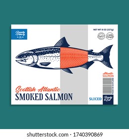 Vector Smoked Salmon Package Design Concept. Modern Style Seafood Label. Salmon Fish Illustration