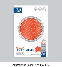 Vector smoked sockeye salmon packaging design concept. Modern style seafood package illustration. Smoked salmon slices in a package isolated on a grey background