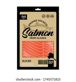 Vector smoked sockeye salmon packaging design concept. Modern style seafood label. Smoked salmon slices in a black and gold package isolated on a white background