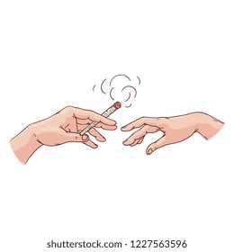 Vector smoking hands sketch icon. Male, female hands holding smoking cigarette. Healthcare and social issue. No smoking, smoke here sign. Isolated illustration