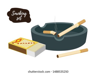 Vector smoking set - ashtray with cigarette butts and matchbox. Cartoon flat style