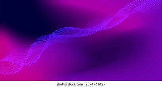 Vector smooth waves on dark background. Futuristic technology design backdrop with purple and blue gradient transition.