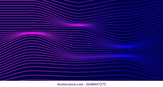 Vector smooth waves on dark background. Futuristic technology design backdrop with purple and blue gradient transition.